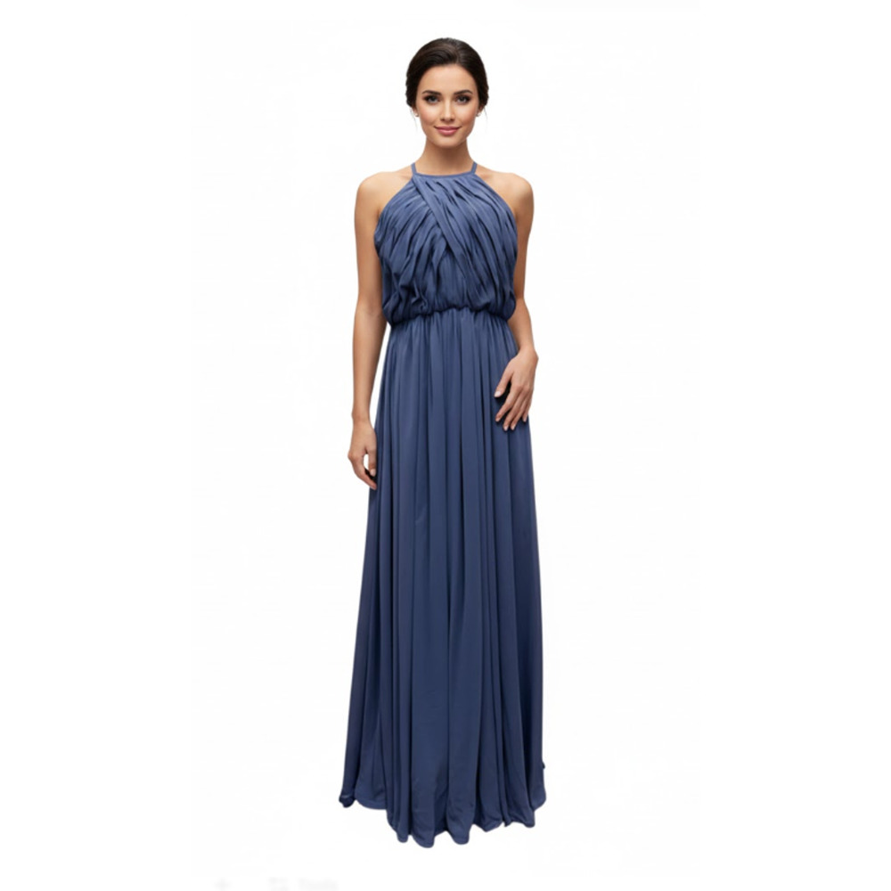 THEIA Slate Blue Greek Goddess Halter Drape Maxi Dress Gown Open Back Size 16